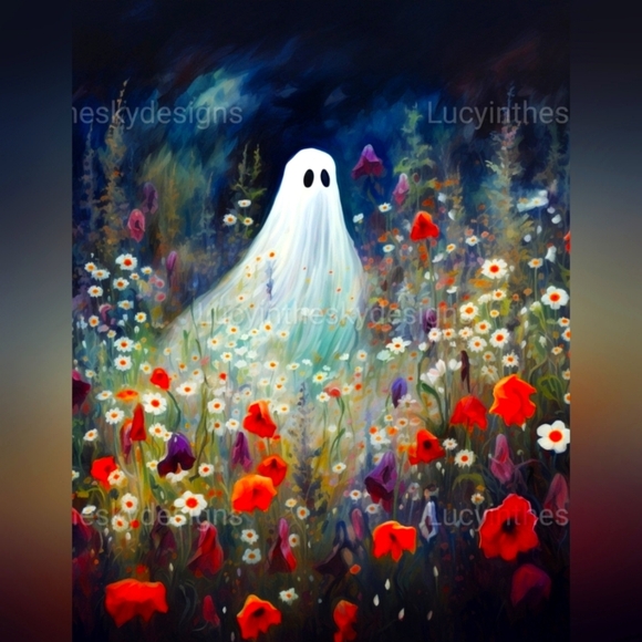 Halloween Ghost in Wildflower Field Boho Art Print Home Decor 8.5x11 - Picture 2 of 5